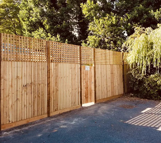 Close boarded fencing with additional top trellis and a gate